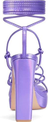 Vista 3 de Elisabet Tang Sandalias de tacón con tiras para mujer, tacones de plataforma de 5 pulgadas, tacones altos con cordones gruesos y puntera abierta