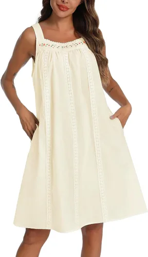 Vista 14 de YOZLY - Camisones de algodón sin mangas para mujer, camisón de tanque de noche con bolsillos A-Solid Blanco