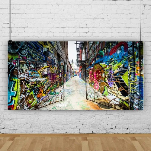Vista 3 de YongFoto Telón de fondo de pared de graffiti urbano de 8 x 4 pies, puerta de hierro colorida, calle abandonada, escuela, fotografía, fondo, música