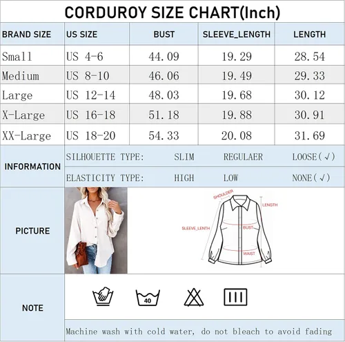 Vista 6 de Chaqueta de pana con botones para mujer, estilo casual, manga larga, blusas de gran
