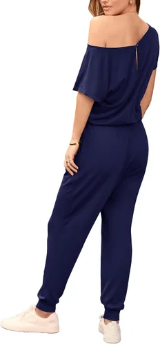 Vista 2 de PRETTYGARDEN - Enterizo holgado para mujer, unicolor, elástico, largo, con hombro descubierto y cintura elástica