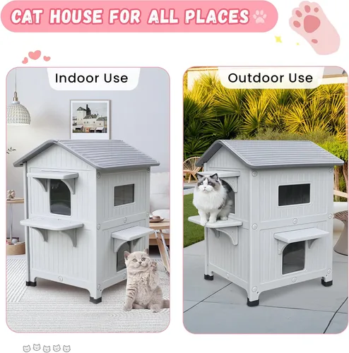 Vista 12 de Casa de plástico para gatos al aire libre – Casa para gatos para exteriores con forro aislante para invierno, 100% resistente a la intemperie