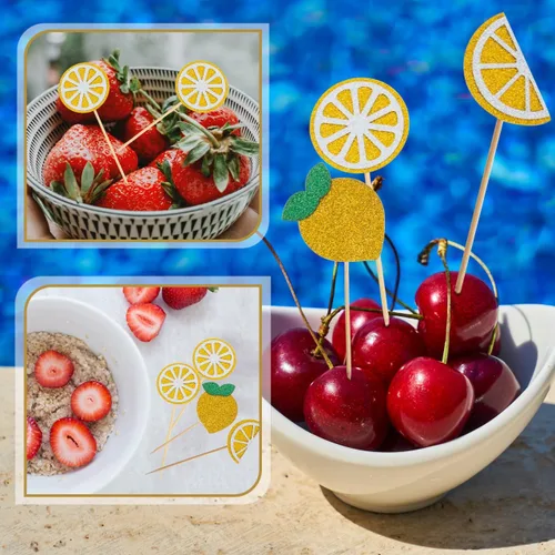 Vista 6 de PRETYZOOM 36 piezas de decoración de cóctel de limón para cupcakes de limón, decoración de frutas, fiesta temática de postre, palillos de dientes
