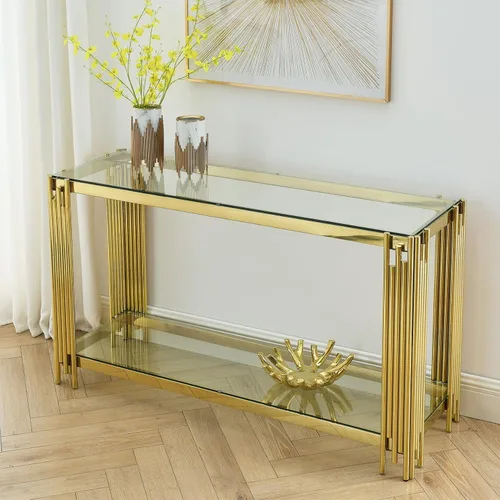 Vista 16 de SSLine Mesa consola moderna de lujo, mesa rectangular de cristal para entrada de pasillo, sala de estar, almacenamiento de 2 niveles, diseño