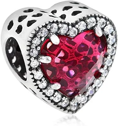 Vista 2 de Abalorios de corazón radiante de plata de ley 925 calada con piedra para pulsera Pandora Europea