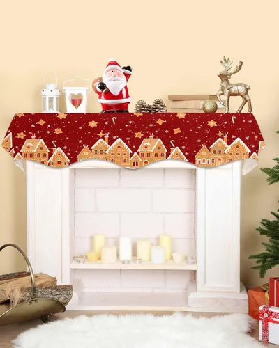 Vista 2 de Bufanda de mantel de Navidad de 60 x 17 pulgadas, cubierta de mantel de chimenea con deliciosas galletas rojas de Candy House para chimenea, bufanda