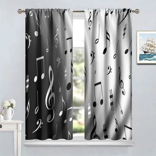 Vista 4 de Cortinas de ventana de música, notas musicales blancas y negras, tratamiento de ventana de patrón abstracto para dormitorio, sala de estar, Music-3