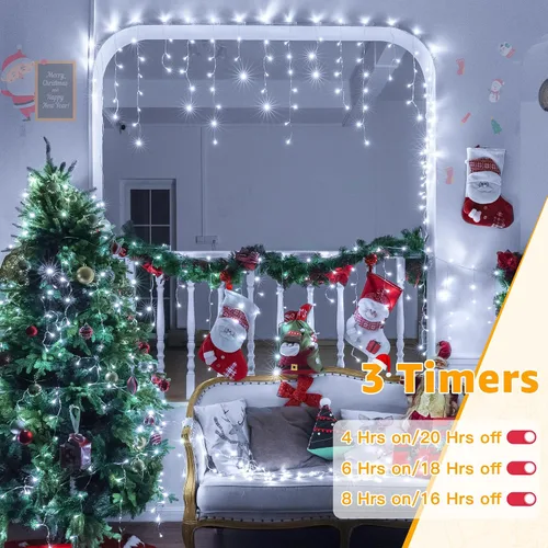 Vista 9 de Ollny Luces de Carámbano para Exteriores Blanco Frío, 600LED 49FT Luces de Navidad con Control Remoto 8 Modos Regulables, Impermeable Conectable