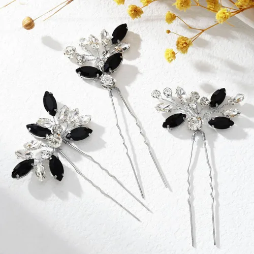 Vista 2 de Unicra Horquillas para el pelo de cristal negro plateado con diamantes de imitación, piezas de pelo de novia, accesorios para novias y mujeres