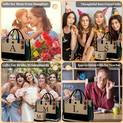 Vista 8 de YOOLIFE Bolsa de yute con inicial con bolsa de maquillaje, bolsa de playa con cremallera ajustable para el día de la madre, regalos de cumpleaños