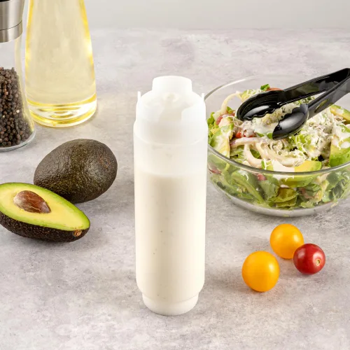 Vista 7 de Restaurantware Botella de presión invertida de plástico de 16oz. FIFO con tapas de recarga y dispensación - Primero en entrar, primero en salir
