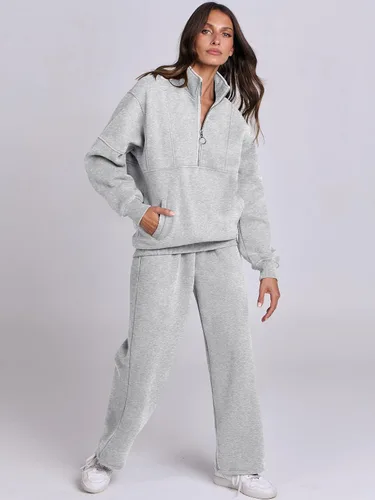 Vista 3 de ANRABESS Conjunto de 2 piezas para mujer, sudadera de gran tamaño con media cremallera a juego, pantalón de pierna ancha, conjunto de ropa