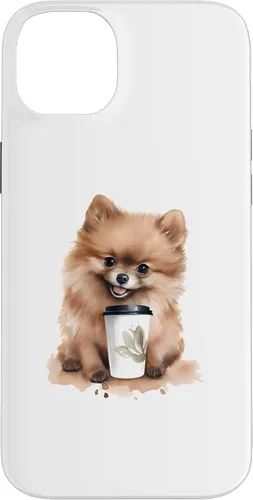 Vista 15 de iPhone 16 Pomerania perro con café estilo acuarela caso