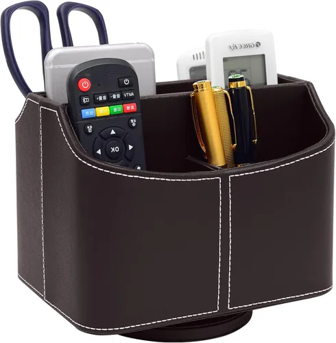 Vista 15 de Soporte de cuero para control remoto giratorio de 360 grados, organizador giratorio de escritorio para mandos a distancia de TV, bolígrafo, Beige