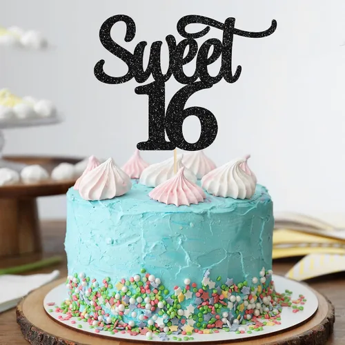 Vista 6 de Gyufise 1 decoración para tartas de 16 años con purpurina negra para cumpleaños de 16 años, decoración para felicitaciones a 16 años de edad