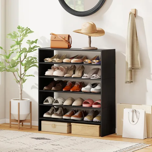 Vista 8 de COSTWAY Zapatero de 6 niveles, estante organizador de zapatos extra ancho con diseño apilable, soporte de almacenamiento de zapatos ajustable