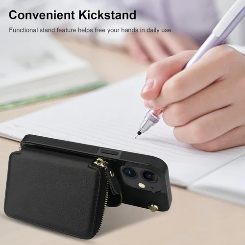 Vista 6 de Bocasal Funda tipo cartera cruzada para iPhone 12/12 Pro, funda de piel con bloqueo RFID y soporte para tarjetas, funda protectora con cremallera