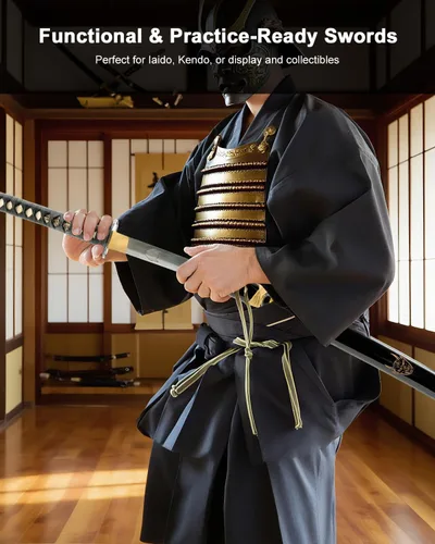 Vista 6 de HMS Fully Functional Hattori Hanzo Katana Sword, 1045 Carbon Steel, Hand Forged Heat Tempered, Full Tang, Sharp, Black Scabbard