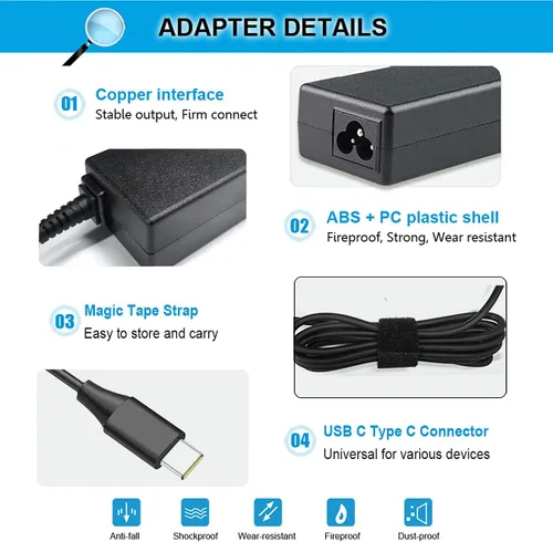 Vista 2 de Cargador USB C tipo C de 45 W para Samsung Chromebook 4 4+ Plus V2 XE350XBA XE310XBA XE510C24 XE513C24 XE521QAB XE520QAB XE525QBB XE310XBA-K01US