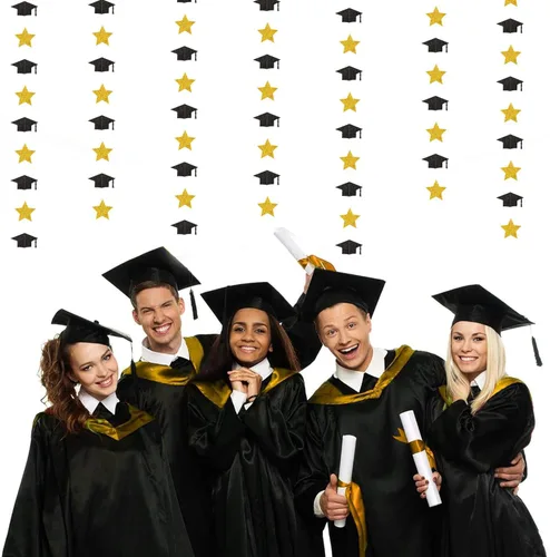 Vista 6 de Guirnalda de Decoraciones de Fiesta de la Clase de Graduación 2026 Negro-Dorado - Banderines y Serpentinas de Sombrero de Graduado con Estrella