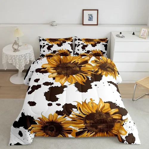 Vista 4 de Juego de edredón con estampado de vaca marrón para niñas y niños, edredón de plumón de piel de vaca de las tierras altas, ropa de cama de piel