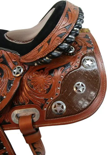 Vista 6 de Western Saddle Barril Racing Caballo Placer Floral Tooled Gator Asiento de cuero Sillines Trail Tack Set 15 16 17 18