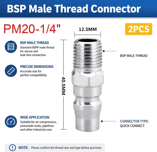 Vista 2 de Acoplador de aire BE-TOOL PM20-1/4" BSP Conectores de línea aérea macho de liberación rápida para herramientas de compresor (paquete de 2)