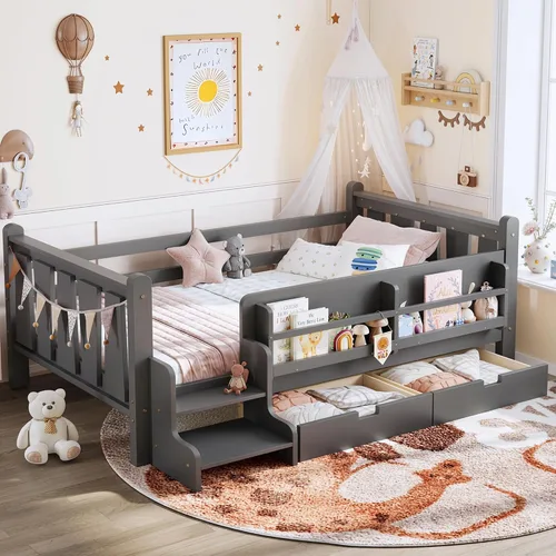 Vista 23 de Cama Montessori de tamaño matrimonial con estantería, cajones de Natural
