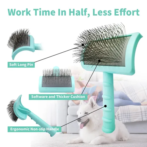 Vista 5 de Kit de cepillo grande y peine verde, cepillo extra largo para el cuidado del perro para cabello rizado, elimina el pelo largo y suelto y la capa