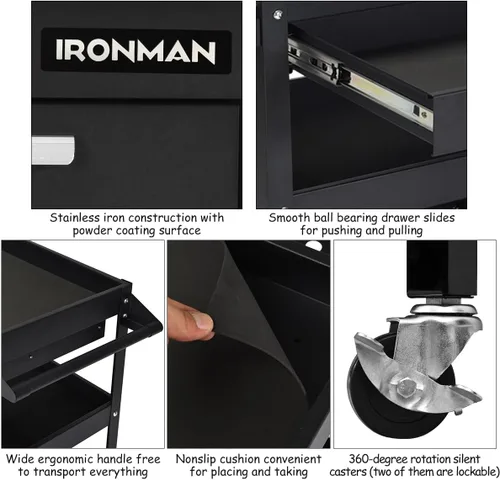 Vista 3 de IRONMAX Cofre de herramientas de 3 niveles, carrito de servicio industrial resistente con cajón y ruedas, organizador de caja de herramientas Negro
