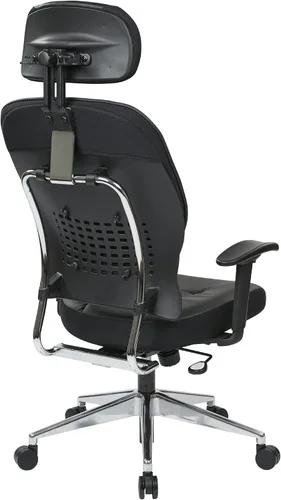 Vista 4 de Space Seating Asiento y respaldo de cuero ecológico, brazos ajustables y base de acabado de aluminio pulido, silla ejecutiva con reposacabezas