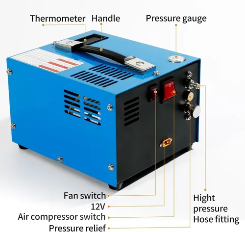 Vista 4 de Compresor de aire PCP 4500Psi/30Mpa sin agua/aceite PCP bomba de aire, compresor automotriz de 12 V CC 110 V CA PCP pistola de aire con convertidor
