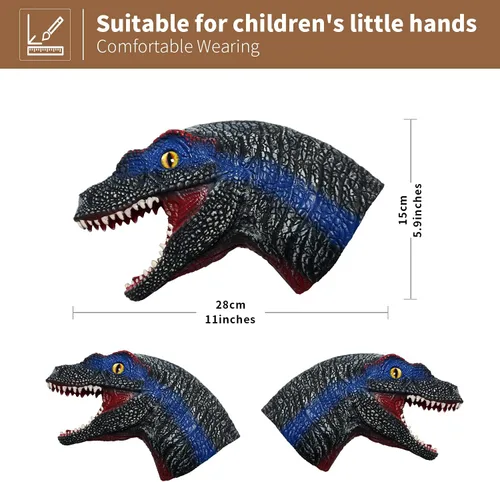 Vista 2 de Yolococa Marionetas de mano de dinosaurio, juego de marionetas de animales de látex de 3 piezas con T Rex, velociraptor y dilophosaurus para contar