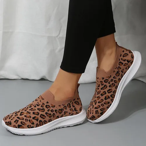 Vista 5 de Tenis de moda con estampado de leopardo para mujer, parte superior de malla elástica, transpirables, cómodos y ligeros, mocasines y sin cordones