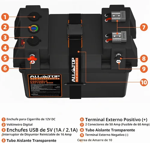 Vista 3 de Caja de Batería Inteligente ALL-TOP, Estuche Marino de 12V con Conectores de 50AMP, Múltiples Puertos y Interruptor de Circuito para Motor