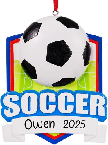 Vista 11 de Adorno Navideño Personalizado de Fútbol 2025 Pelota de Fútbol con Estrellas Doradas, Césped y Red de Portería para Árbol de Navidad - Regalo