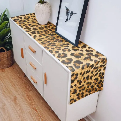Vista 4 de Camino de mesa de comedor de lino de algodón con estampado de leopardo, decoración de safari de vida silvestre, temática de gato grande