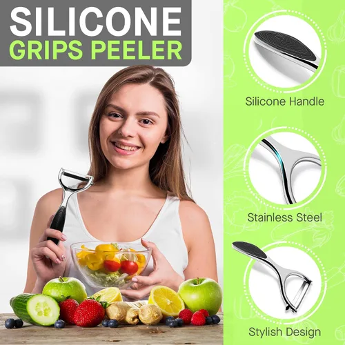 Vista 2 de Juego de pelado de frutas y verduras de acero inoxidable, cómodo mango antideslizante, pelador en forma de Y y I para papas, zanahorias, manzanas