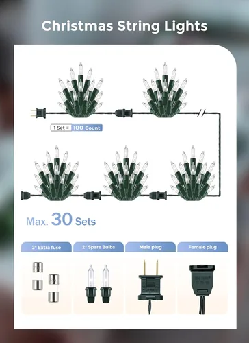 Vista 6 de Minetom Guirnalda de luces de Navidad transparentes, 100 unidades, 20 pies Alambre blanco y verde puro