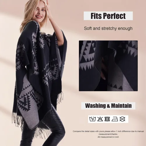 Vista 4 de Cárdigan cálido de invierno para mujer, diseño de chal a cuadros, capa frontal abierta
