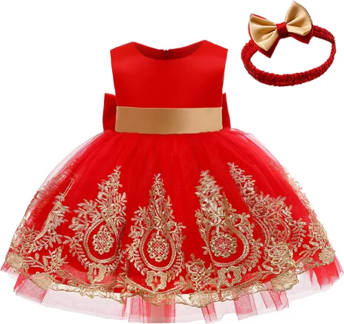 Vista 2 de 3M-6T - Vestido de encaje con lazo para niñas pequeñas, vestido de bordado con gorro