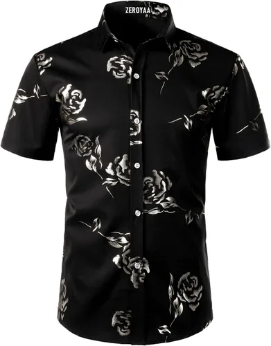 Vista 2 de ZEROYAA - Camisas de vestir de manga corta con estampado de rosa dorada para hombre, estilo hipster, calce ajustado, con botones
