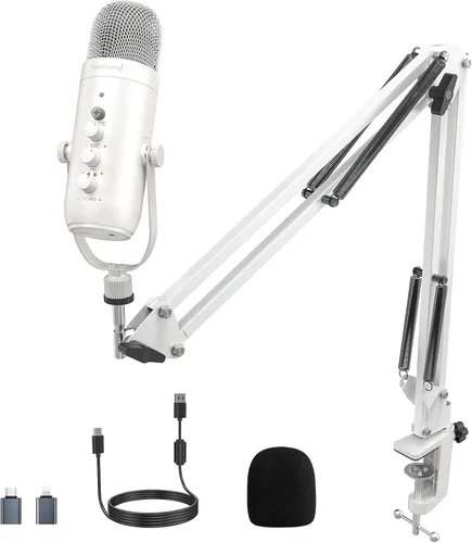Vista 10 de ZealSound Micrófono de podcast con brazo de brazo, micrófono USB con reducción de ruido, silencio, eco y control de volumen, monitoreo de latencia
