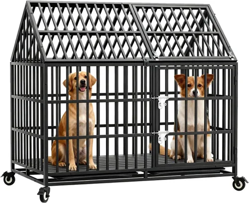 Vista 8 de Jaula para perros resistente de 44 pulgadas con ruedas, perrera indestructible a prueba de escapes con pestillo de bloqueo y puerta doble, jaula