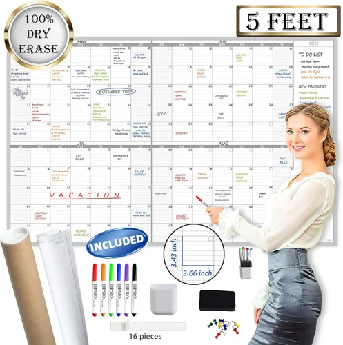Vista 9 de Calendario de pared grande de borrado en seco, calendario de pared anual sin fecha en blanco, pizarra blanca de 38 x 26 pulgadas, planificador