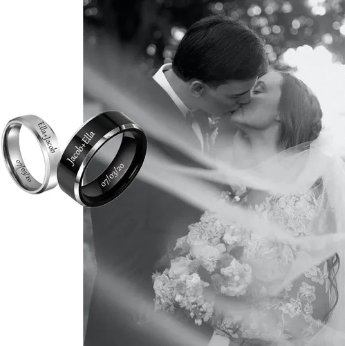 Vista 17 de Anillos a juego personalizados para parejas, anillos de promesa de acero inoxidable para parejas, juego con 2 anillos grabados dentro y fuera