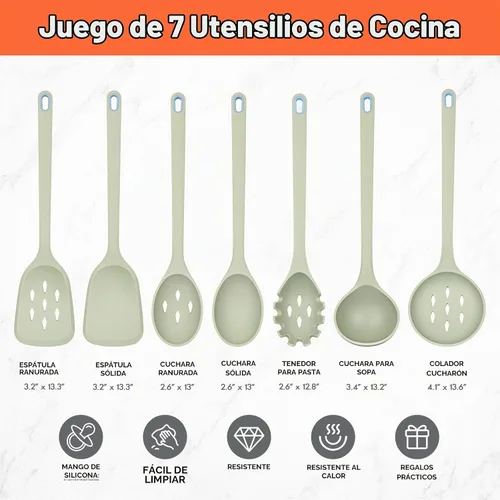 Vista 6 de Juego de 7 utensilios de silicona grandes para cocinar, sin BPA Verde