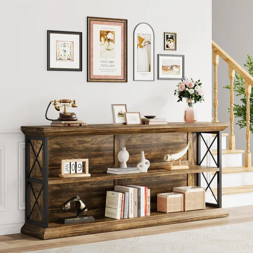 Vista 3 de Mesa de consola larga de 63 pulgadas con 3 niveles de almacenamiento para entrada, mesa de sofá de madera detrás del sofá para pasillo de sala