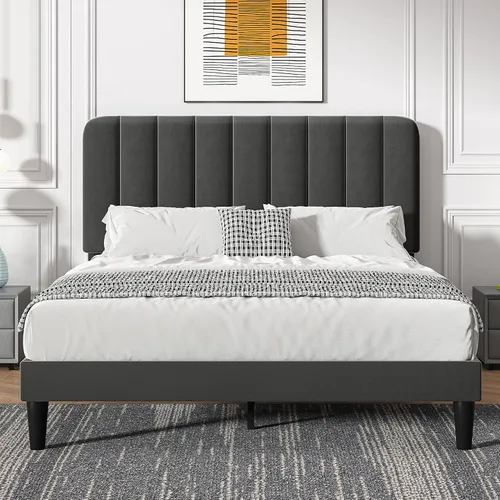 Vista 48 de VECELO Base de cama tapizada de tamaño matrimonial con 4 cajones y cabecero, plataforma de terciopelo, soporte de listones de madera, no necesita