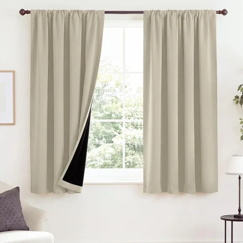 Vista 48 de NICETOWN Biscotti Beige 100% Cortinas opacas de 45" de largo para cocina, bolsillo con varilla para sótano completamente opaco, cortinas térmicas